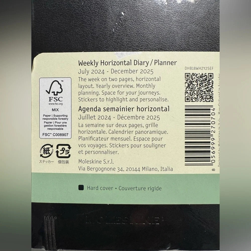 NWP MOLESKIN BLACK 18-MONTH 7/2024 - 12/2025 WEEKLY HORIZONTAL DIARY/PLANNER